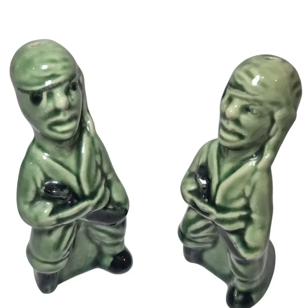 Vintage MCM Green Pirate Salt & Pepper Shakers Ceramic Figural Pair
